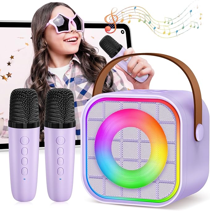 Mini Karaoke Machine with 2 Wireless Microphone, Portable Purple Bluetooth Speaker for Kids, Birthday Teen Toys Gifts Ideas for Girls Ages 4, 5, 6, 7, 8, 9, 10, 12+ Year Old, Family Home Party