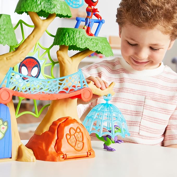 Marvel Spidey and His Amazing Friends Dino-Webs Treehouse Playset, Spider-Man & Goblin Raptor 4-Inch-Scale Action Figure Set, Ages 3 & Up