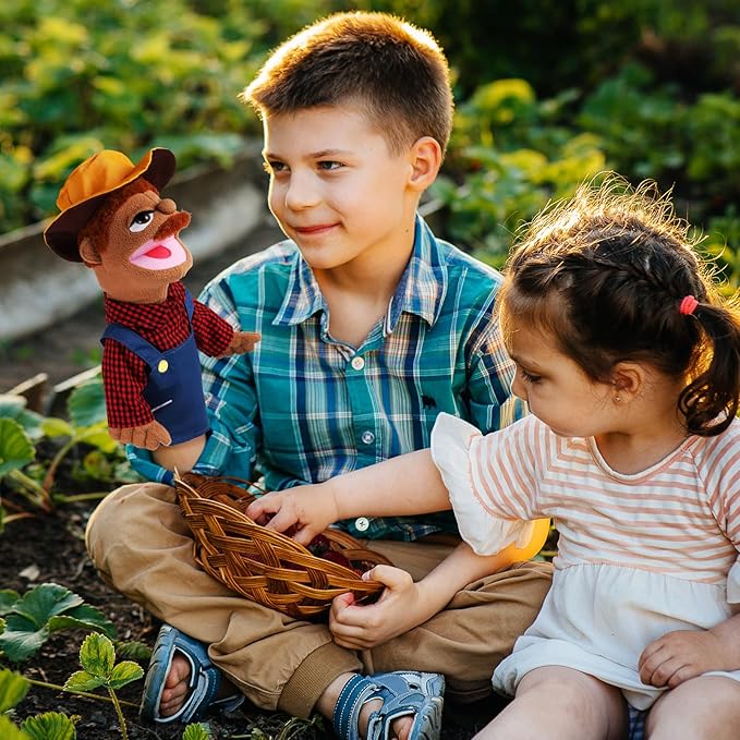 Role Play Hand Puppets Hand Plush Chef Doctor Fireman Pirate Detective Athlete Nurse Worker Hand Puppet Toys Puppets for Kids Storytelling Imaginative Pretend Play Teaching Preschool(Farmer)