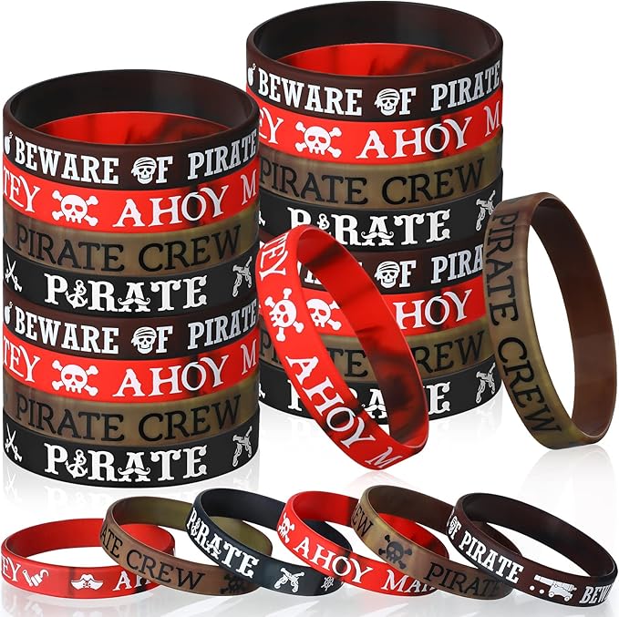 Capoda 24 Pcs Pirate Silicone Bracelets Ahoy Matey Caribbean Rubber Wristbands Skull Pirate Ship Party Favors for Girls Boys Birthday Decorations Halloween Party Supplies