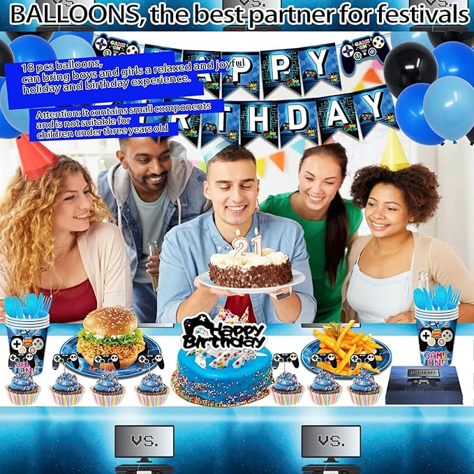 Video Game Party Decorations Game On Birthday Party Supplies Paper Plate, Napkins Cups, Happy Birthday Banner, Cake Toppers, Balloons, Tablecloths for Video Gaming Level Up Party