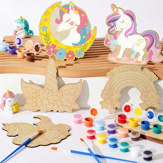 Winrayk 12 Pack Pre-Packaged Unicorn Party Favors for Girls, Wooden Unicorn Cutouts with Gift Cards & Painting Kits, Kid Rainbow Princess Art and Crafts Goodie Bag Stuffer Birthday Decoration Supplies
