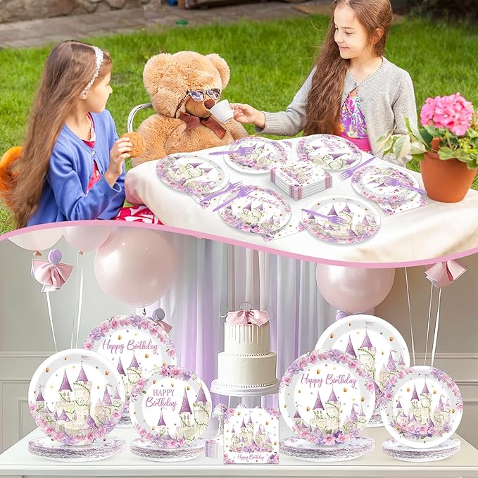 96Pcs Princess Birthday Party Supplies Purple Tower Castle Party Plates and Napkins Disposable Purple Princess Themed Tableware Set Fairytale Party Tableware for Girls Women Wedding Serves 24 Guests