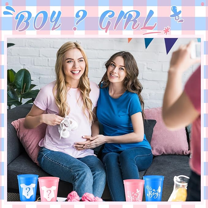 24 Pcs Gender Reveal Cups 16 oz Reusable Thick Boy or Girl Party Plastic Drinking Cup Pink and Blue Gender Reveal Party Decorations Baby Shower Supplies