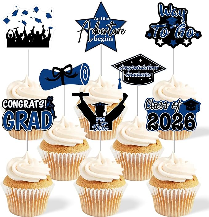 2026 Graduation Cupcake Toppers - 48 Pcs Blue Graduation Party Supplies Mini Cake Food/Appetizer Picks For Class of 2026 Graduation Decorations