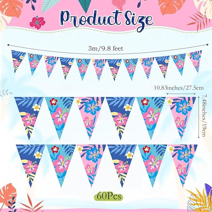 Pasimy 5 Pcs Cartoon Hawaiian Party Decorations Pink Blue Hawaiian Hibiscus Pennant Banners Flower Bunting Pre-Strung Paper Triangle Flags for Cartoon Tropical Luau Birthday Baby Shower Party Supplies