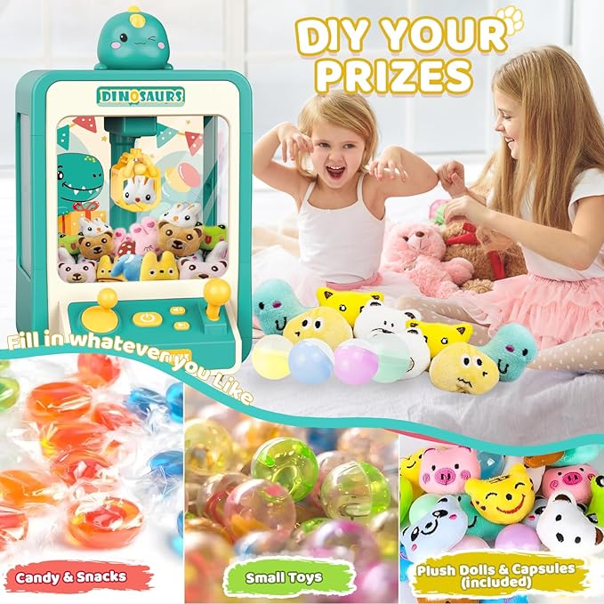 Claw Machine for Kids, Dinosaur Claw Machine Arcade Toy for Girls Boys 3+, Mini Vending Machine for Kids with 10 Mini Plush Toys, Electronic Party Prize Candy Dispenser Toy Game for Birthday Gift