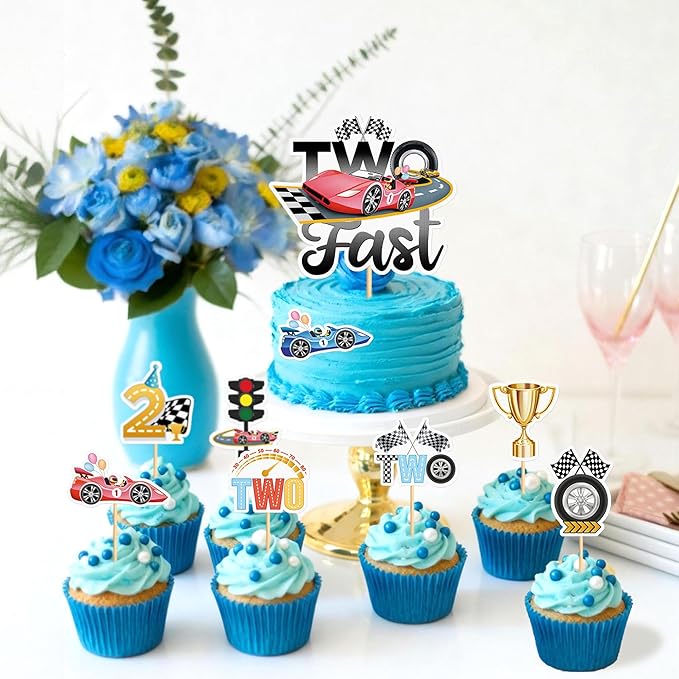 25PCS Race Car Cupcake Toppers Trophy Flag Racing Cake Selected Racing Theme, Car Theme Party Supplies Baby Shower Boy Birthday Party Cake Decoration