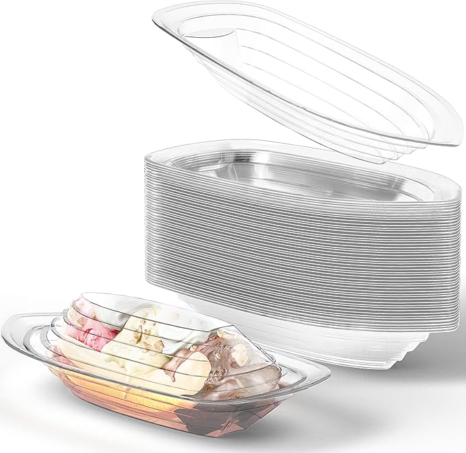Super Fun, Recyclable Banana Split Boats 50 Pack. Best Long, 12 Oz + 8 Oz Combo of Disposable Bowls for Ice Cream Sundaes. Perfect Clear Plastic Sunday Cups for Kids Birthday Parties.