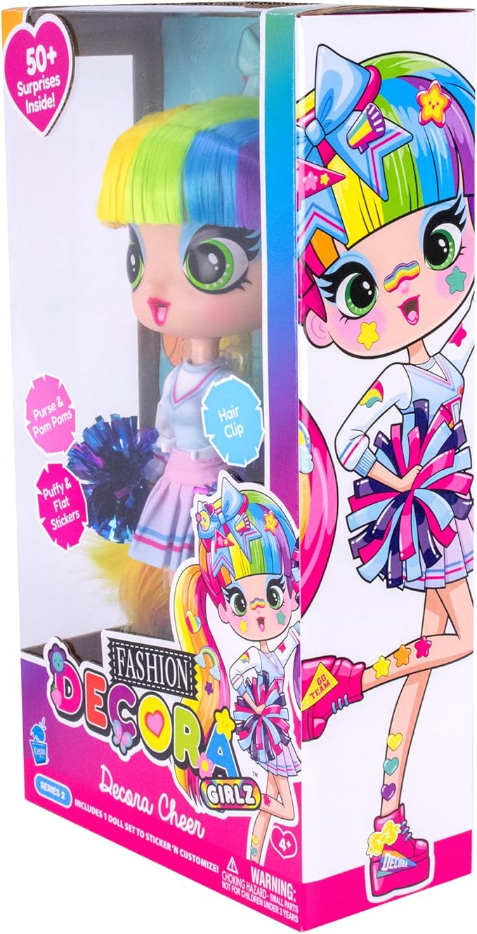 Decora Fashion Girlz Doll – Decora Cheerleader 11” Poseable Fashion Doll with Long Rainbow Hair, 50+ Surprises, Fabric Outfit, Removable Stickers, Accessories & Doll Stand, Collectible for Girls 4–9