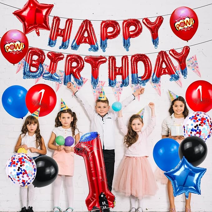 Cartoon Hero 40 Inch Red and Blue Spider Theme Number Foil Birthday Decoration Balloon, Spider Theme Happy Birthday Banner Party Decoration Balloon, Letter Logo Superhero Party Supplies (1)