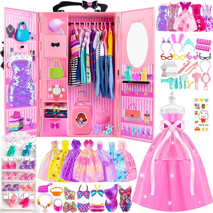 137 Pcs Doll Closet Playset Clothes and Accessories for 11.5 Inch Dolls, Included Princess Dresses,Fashion Dresses,Casual Clothing,Swimsuits,Bags,Shoes,Doll Dress up Toys for Girls Kids Toddlers Gifts