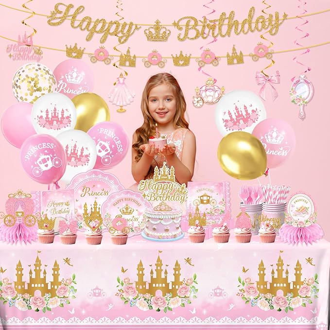 196Pcs Princess Birthday Party Decorations Serves 24,Pink Princess Birthday Themed Tableware Includes Scalloped Plates,Napkins,Tablecloth,Banner,Balloon,Cake Topper for Girls Princess Party Supplies