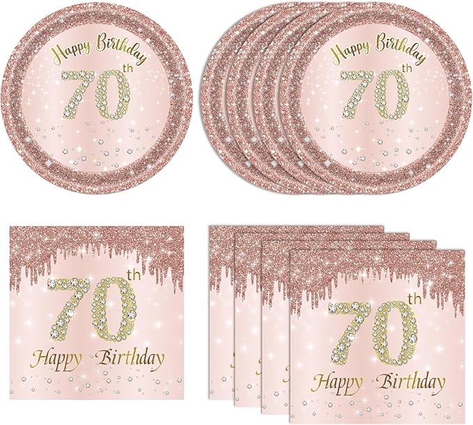40Pcs 70th Birthday Decorations for Women Rose Gold 70 Year Old Birthday Decorations Include 70th Birthday Paper Plates and Napkins Set,1956 Disposable Tableware Party Supplies Kit For Girl Ladies