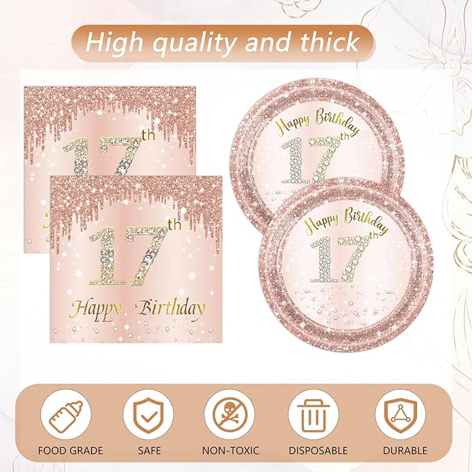 41PCS 17th Birthday Decorations for Girls,Rose Gold 17th Birthday Plates and Napkins,Tablecloth Kit Disposable 17th Birthday Paper Tableware Set for Girls 17 Years Old Birthday Party Supplies