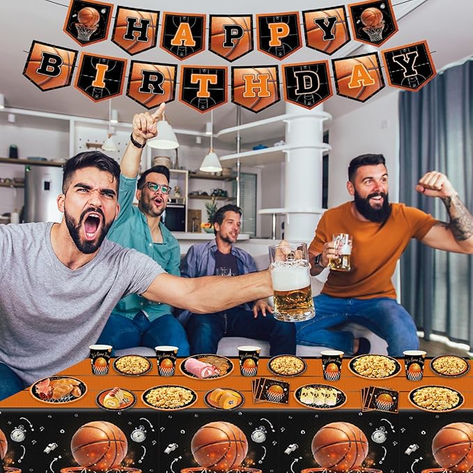 Basketball Party Decorations 98Pcs Basketball Birthday Party Decorations Suppiles Set Include Dinner Plates, Dessert Plates, Napkins, Cups, Banner and Tablecloth Basketball Theme Party Favors Kit
