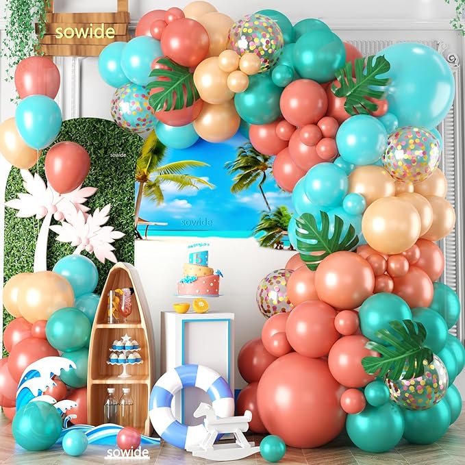 Aqua Blue Coral Pearl Balloon Garland Arch Kit,Coral Pearl Champagne Gold Teal Confetti Balloons Garland Kit for Summer Hibiscus Stickers for Tropical Hawaii Magic Theme Party Supplies