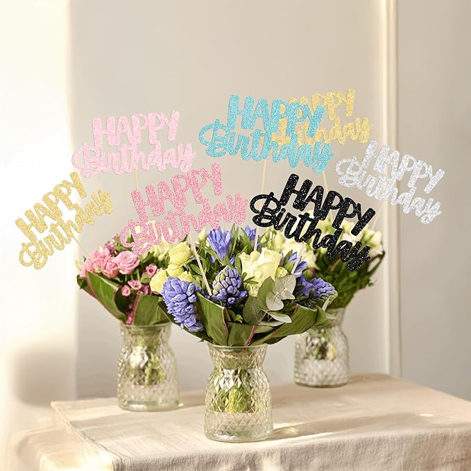 Gyufise 12Pcs Happy Birthday Centerpieces Sticks Double Sided Glitter Birthday Party Decorations Anniversary Table Flower Centerpiece for Celebrating Party Supplies Multicolor