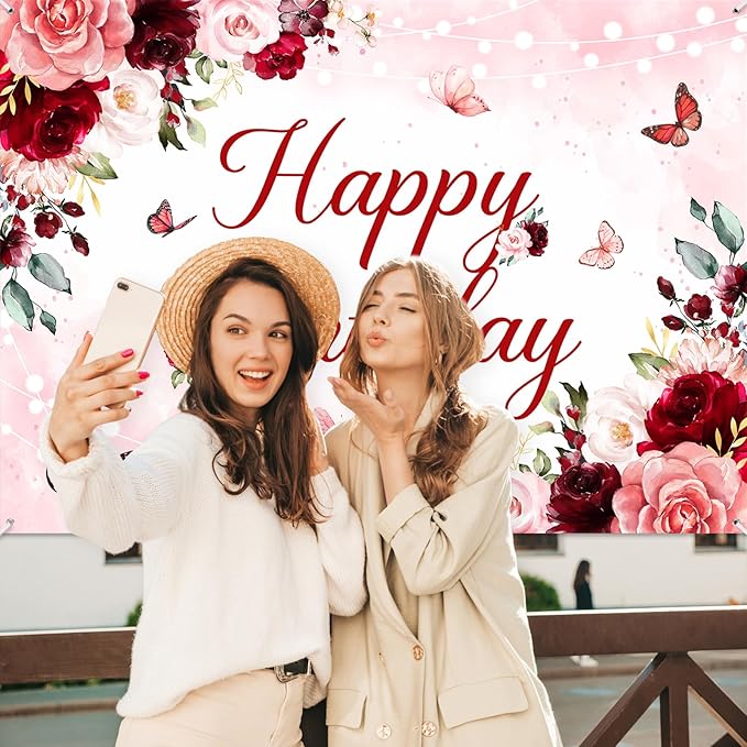Avezano Floral Happy Birthday Banner for Women Girls Rose Gold Red Floral Birthday Party Decorations for Women Burgundy Flower B-day Party Supplies Banner (7x5ft)