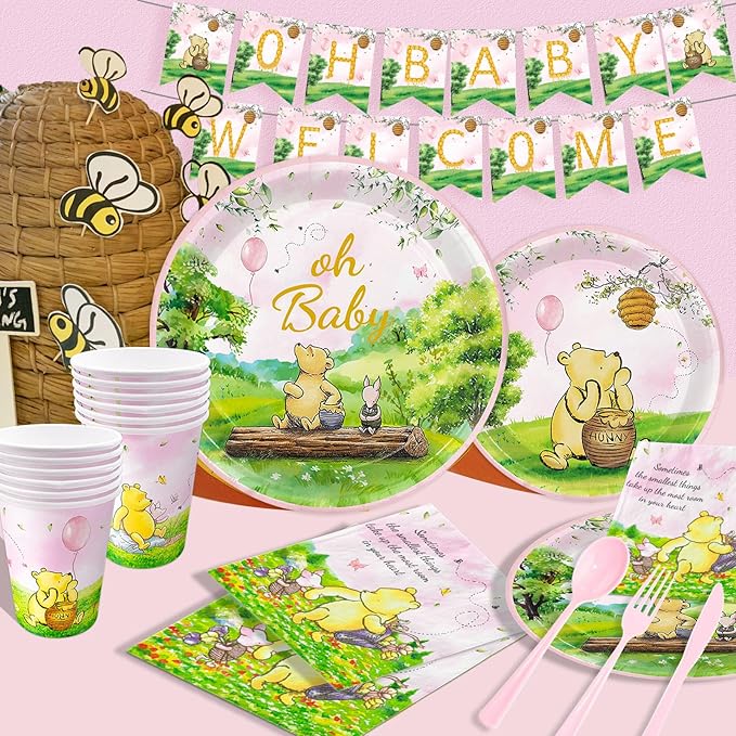 178pcs Pink Winnie Bear Baby Shower Pooh Party Supplies Decorations Oh Baby Plates and Napkins Tableware Set for Boys Girls Newborn Kids Cups Tablecloth Banner Birthday Decorations for 25 Guests