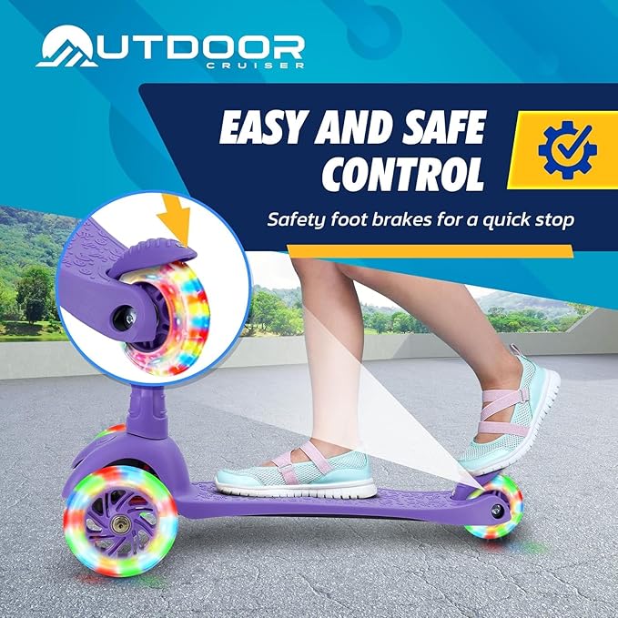 Outdoor Cruiser 3-wheel Kids Scooter – With Lean-to-steer Technology, Wide Deck, Led Lighted Wheel, 4-level Adjustable Height T-bar Handle, Support Kid Up to 150 Lbs, for Boys & Girls Ages 3-8, Purple
