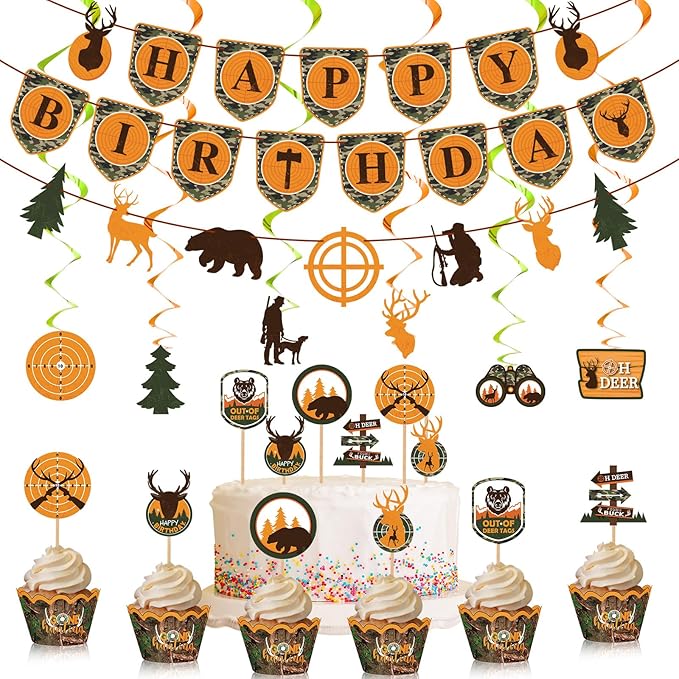 Dianelhall 62 Pcs Hunting Birthday Party Decorations Camo Deer Hunting Birthday Decorations Include Banner Camo Cupcake Toppers Swirls Deer Decoration for Baby Shower Gone Huntings Party Supplies