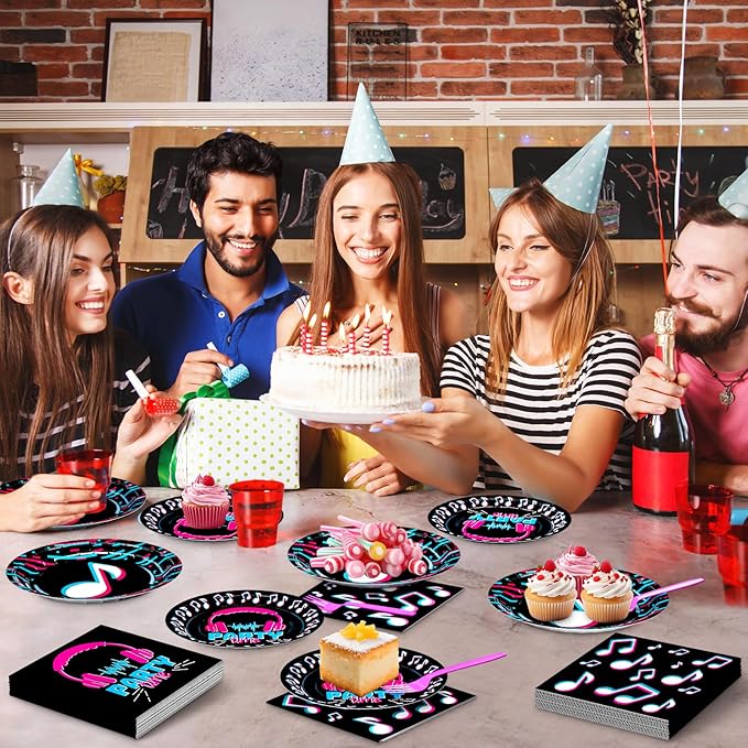 DYLIVeS 96 Pcs Music Party Supplies, Music Theme Birthday Party Decorations Disposable Tableware Packs Music Note Party Supplies for Girls - 9'' and 7'' Plates and Napkins, Forks (Serves 24)