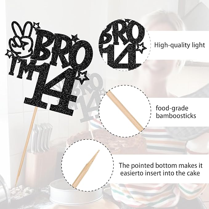 1 PCS Brother I'm 14 Cake Topper Glitter Star Happy 14th Birthday Cake Pick Bro I'm 14 Cake Decoration It's My 14th Birthday Decorations for Boys Cheers to 14 Years Old Birthday Party Supplies Black