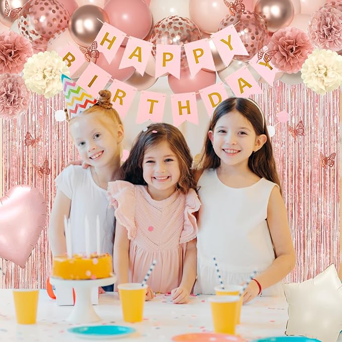 Pink Birthday Party Decorations, Dusty Pink Sand Confetti Rose Gold Balloons Happy Birthday Banner Fringe Curtains Butterfly Hanging Swirls Circle Dots Tassels Pompoms for Women Girls Party Supplies
