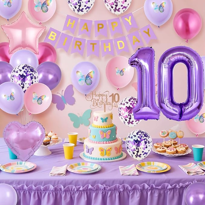 10th Birthday Decorations for Girl,Pink Purple 10th Butterfly Birthday Decorations 10th Birthday Balloons Pink Purple Birthday Banner Number 10 Balloons Cake Topper Butterfly Party Supplies for Girls