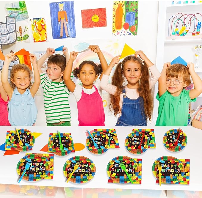 gisgfim 96 Pcs Building Block Birthday Party Supplies Paper Plates Napkins Colorful Blocks Party Birthday Decorations Favors for Boy or Girl Serves 24