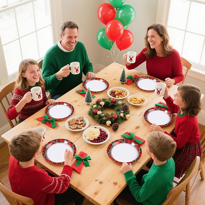 50Pcs Christmas Paper Plates 10" Large Disposable Red Green Plaid Paper Platters Red Black Christmas Buffalo Plaid Dessert Plates for Winter Xmas Theme Party Decoration