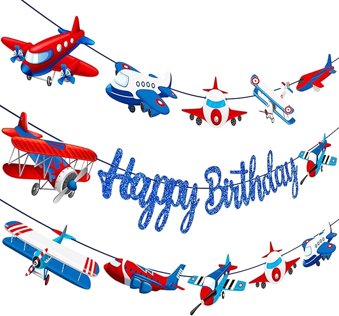 Airplane Birthday Party Supplies Pre-strung Airplane Banner Aviation Theme Birthday Decorations 3PCS Aircraft Plane Party Paper Banners for Helicopter Pilot Baby Shower Supplies