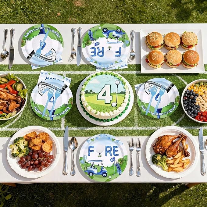 96 Pcs Golf 4th Birthday Party Supplies Golf Ball Sports Theme Party Plates and Napkins Disposable Blue Green Tableware Set for Kids Boys Four Birthday Decorations Serves 24