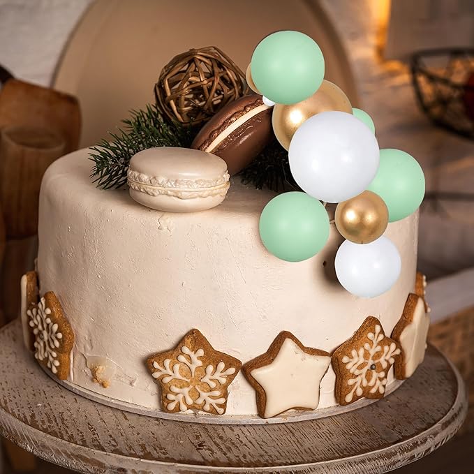 Gyufise 30Pcs Balls Cake Topper Mini Balloons Cupcake Topper DIY Cake Insert Topper Foam Cake Balls Baking Decoration for Wedding Anniversary Valentines Day Birthday Party Green Gold White