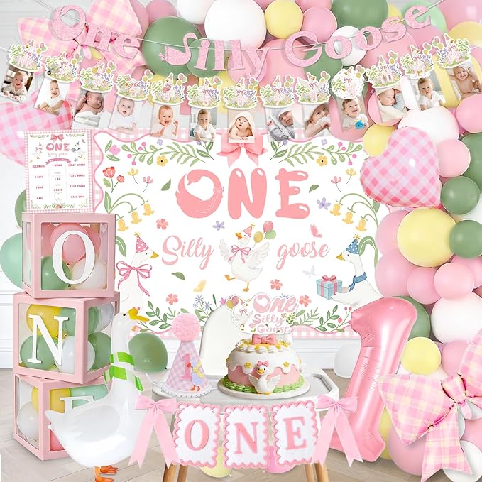 128 pcs One Silly Goose Birthday Decor Girl, Pink 1st Birthday Decorations Girl, Photo Banner Balloons Poster Hat High Chair Banner Cake Topper Boxes Goose Backdrop for Kids Birthday Party Supplies