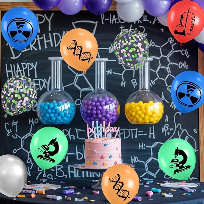 Science Party Balloons, 12 Inch Dark Light Blue Red Green Orange Metallic Silver Colorful Confetti Party Balloons for Boy Girl Science Birthday Party Decorations Baby Shower Lab Classroom Backdrop