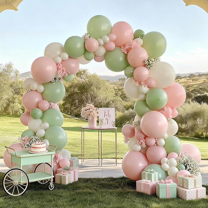 FunHot Sage Green Pink Balloons, 50 Pcs Pink and Green Balloon, 12 Inch Light Yellow Ivory Latex Balloons for Girls Baby Shower Birthday Boho Wedding Gender Reveal Jungle Spring Party Decorations
