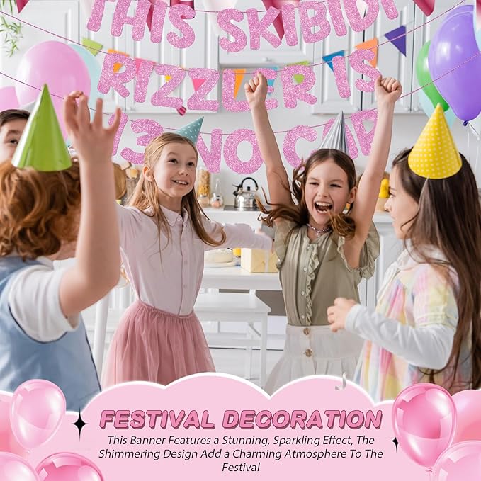 Fulmoon Pre Strung This Skibidi Rizzler Is 13 No Cap Glitter Banner 13th Birthday Party Decorations, Funny Birthday Sign, Party Supplies, Ideas, Gifts(Pink)