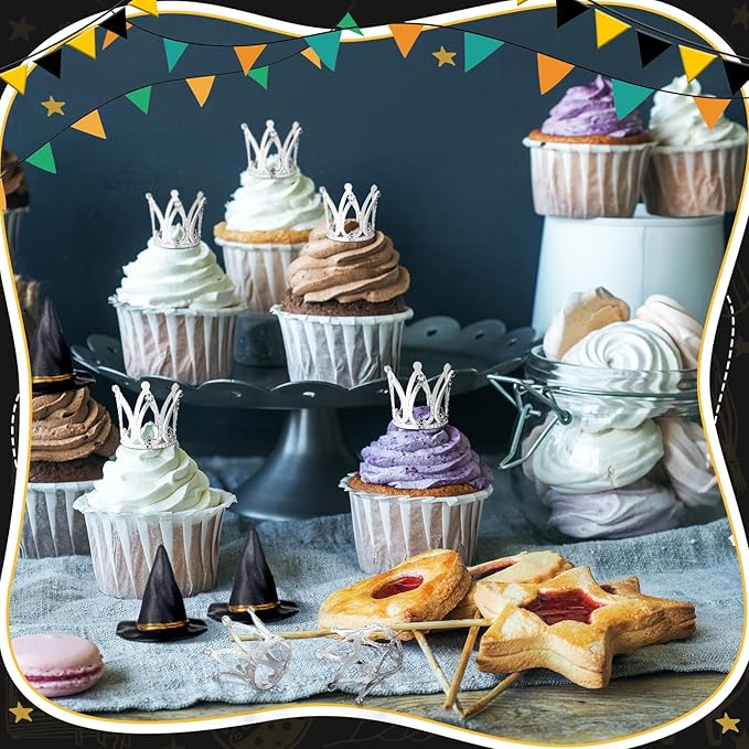 48 Pack Witch Hat and Crown Cake Topper Bad Witch Birthday Party Decorations Mini Wizard Hats Silver Crown Cupcake Toppers Decor Princess Cake Accessories for Birthday Party Supplies Crafts