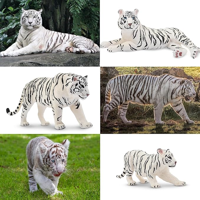 Toymany 6PCS Realistic White Tigers Figurines with Tiger Cubs, 2-6" Jungle Animals Figures Family Set Includes Baby Tigers, Educational Toy Cake Toppers Christmas Birthday Gift for Kids Toddlers