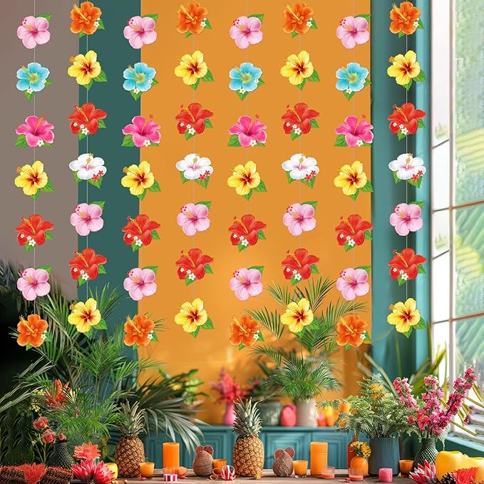 8 Pcs Hawaiian Luau Party Decorations Hibiscus Flower Birthday Hanging Garlands Banner Tropical Hawaiian Paper Cutouts Streamer for Wall Ceiling Decor Summer Aloha Beach Pool Party Supplies