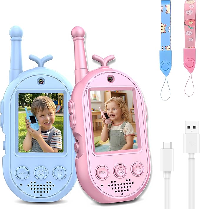 Video Walkie Talkies for Kids, Headband Emoji Function, 3 Voice Changing Switches, Hanging Rope Top-C Charging, Suitable for Children Ove Kids Walkie Talkies 2 Pack