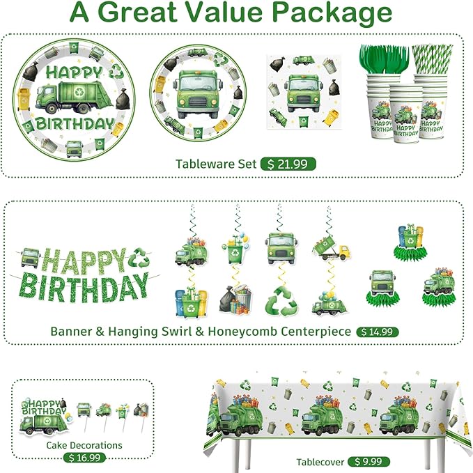 198 Pcs Trash Truck Birthday Decorations Garbage Truck Waste Management Party Supplies Banner Balloons Plates and Napkins Set with 2 Pcs Tablecloth Recycling Rubbish Truck Birthday for Boys Girls