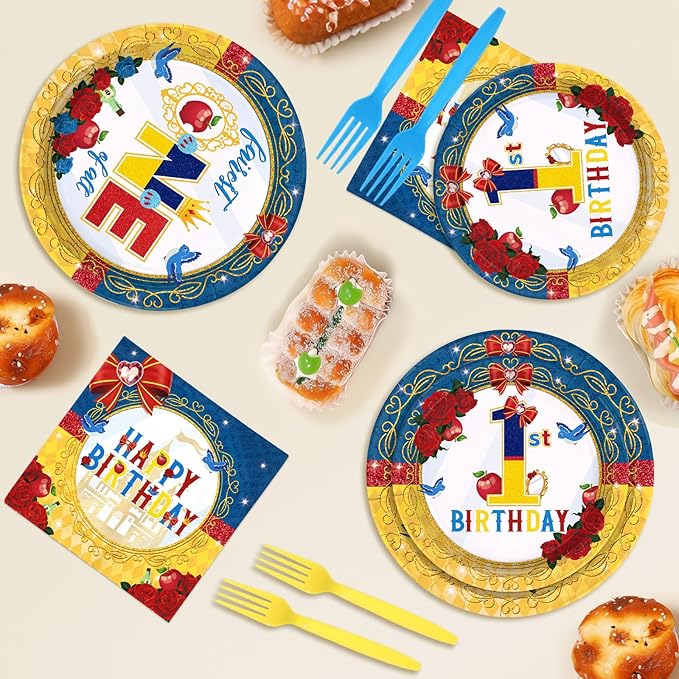 96 Pcs Snow Princess 1st Birthday Party Supplies Cartoon Snow Plates and Napkins Red Blue Yellow Tableware Set for Girls First Birthday Baby Shower Princess Theme Party Supplies, Serves 24