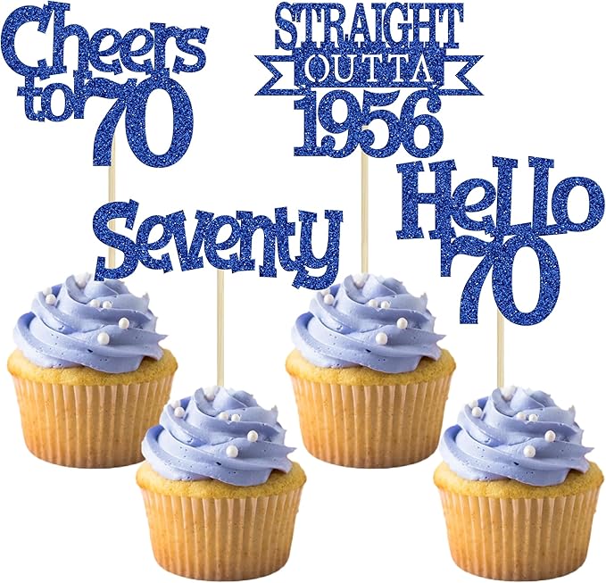 Ephlyn 24Pcs Happy 70th Birthday Cupcake Toppers Glitter Straight Outta 1956 Cupcake Picks Hello 70 Cheers to 70 Years Birthday Cake Decorations for 70th Birthday Anniversary Party Supplies Blue