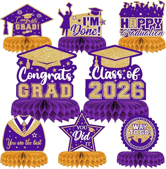 8 Pieces Class of 2026 Graduation Table Decorations - 2026 Congrats Grad Honeycomb Centerpieces, Graduations Table Toppers Decor for 2026 Graduation Party Decorations Favor Supplies, Purple and Gold