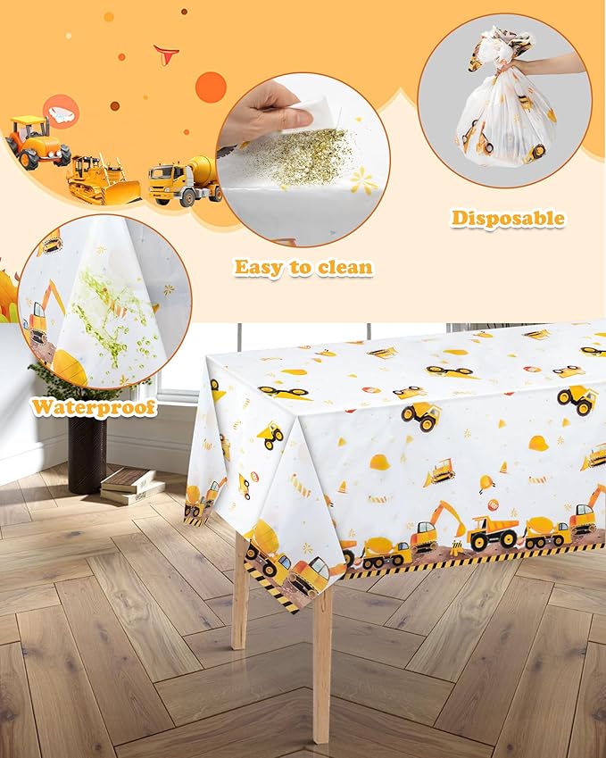 3PCS Construction Plastic Birthday Party Tablecloths,Dump Truck Themed Table Cover for Kids Boy Construction Birthday Party Supplies Tables Decorations, 54 x 108inch