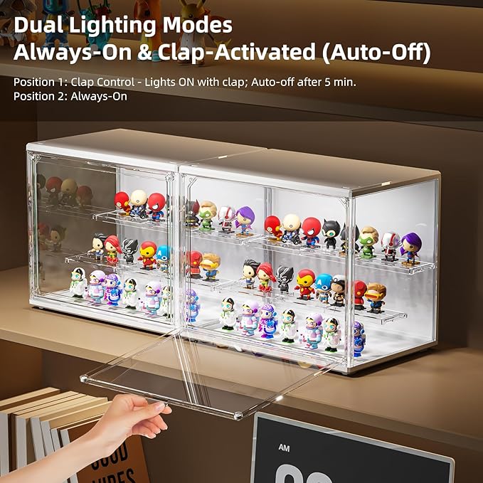 4 Pack Acrylic Display Case for Collectibles with LED Light, 3 Layer Adjustable Figure Display Case with Magnetic Door, Lighted Display Box Stackable Clear Blind Box for Action Figure, Popmart