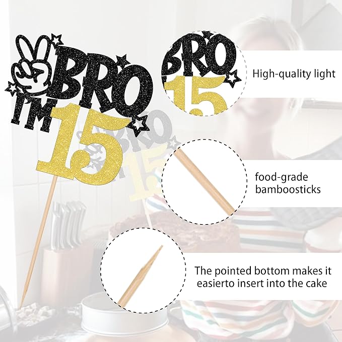 1 PCS Brother I'm 15 Cake Topper Glitter Star Happy 15th Birthday Cake Pick Bro I'm 15 Cake Decoration It's My 15th Birthday Decorations for Boys Cheers to 15 Years Old Birthday Party Supplies Gold